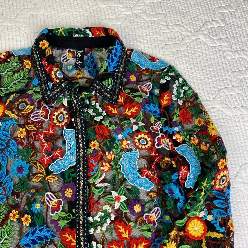 BEREK Petite L Floral Embroidered Black Mesh Button Down Shirt Blouse *flaw - Picture 4 of 14